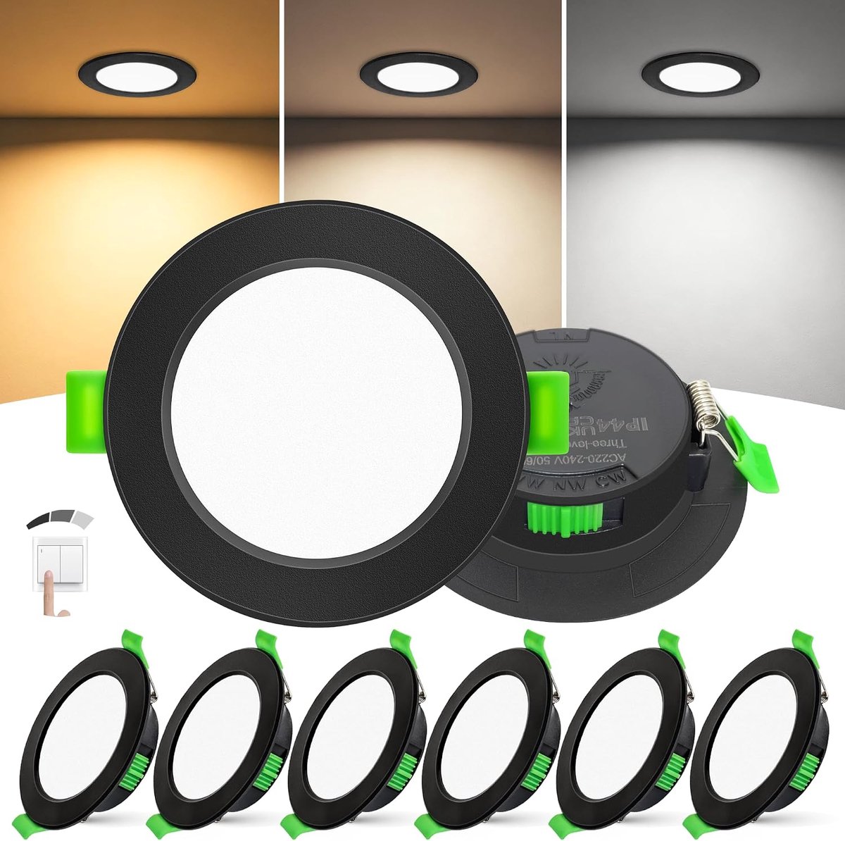 Set van 6 LED Inbouwspots Extra Plat 25mm, 6W, Dimbare LED Spots Plafond met 3 Lichtstanden Zonder Dimmer, 2700K 4000K 6000K, IP44 voor Badkamer en Keuken, Zaagmaat Ø58-68mm, 230V, Zwart