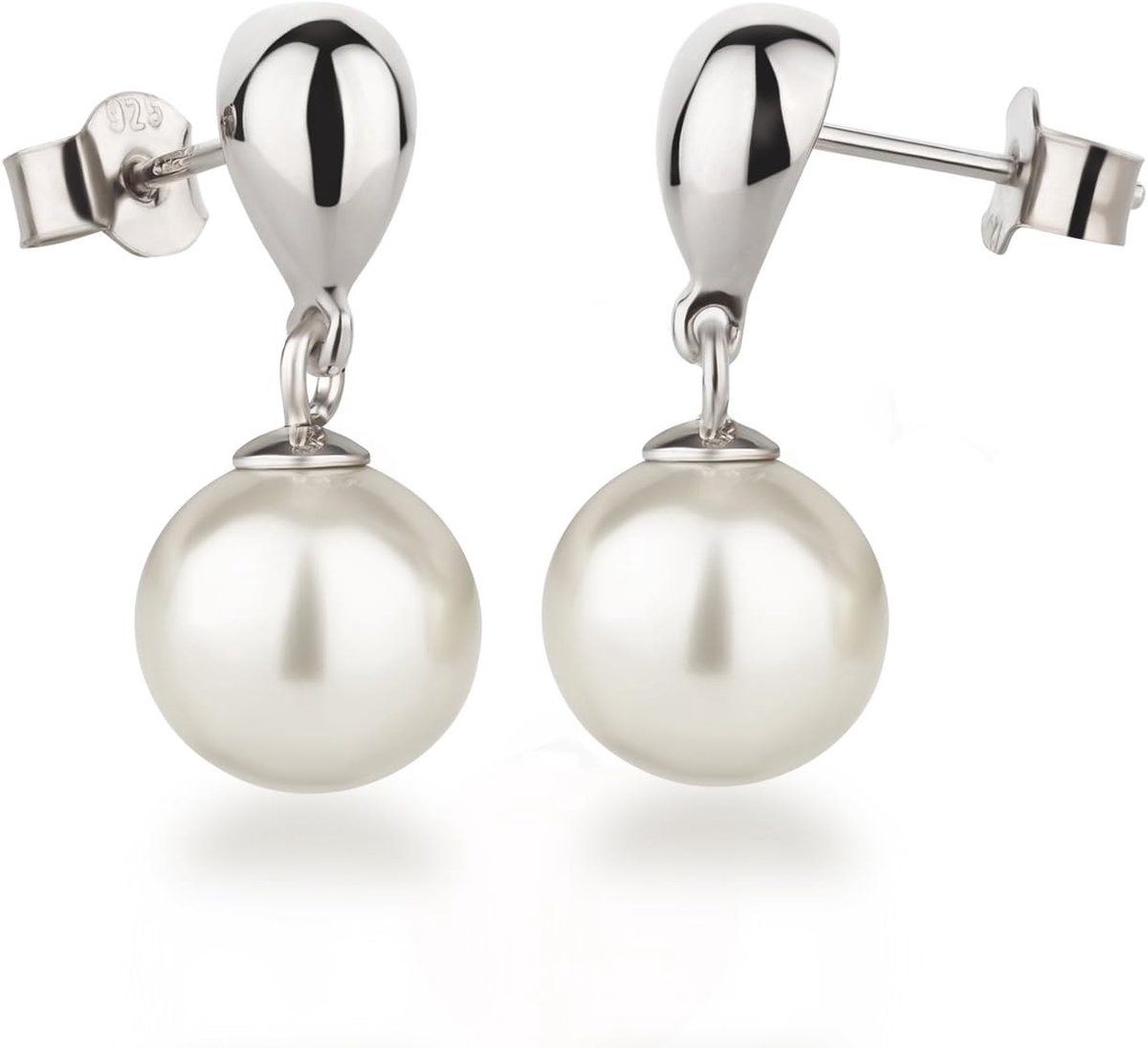 Glanzende sieradenset 925 zilver rhodium parels oorbellen en halsketting met hanger, 10 mm, Zilver, Parel