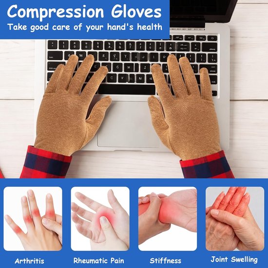 2 paar artrose-handschoenen voor dames en heren, volledige compressiehandschoenen, verlichting van artrose, Raynaud-ziekte en carpaal tunnelsyndroom (grijs + beige, XL) — afbeelding 2
