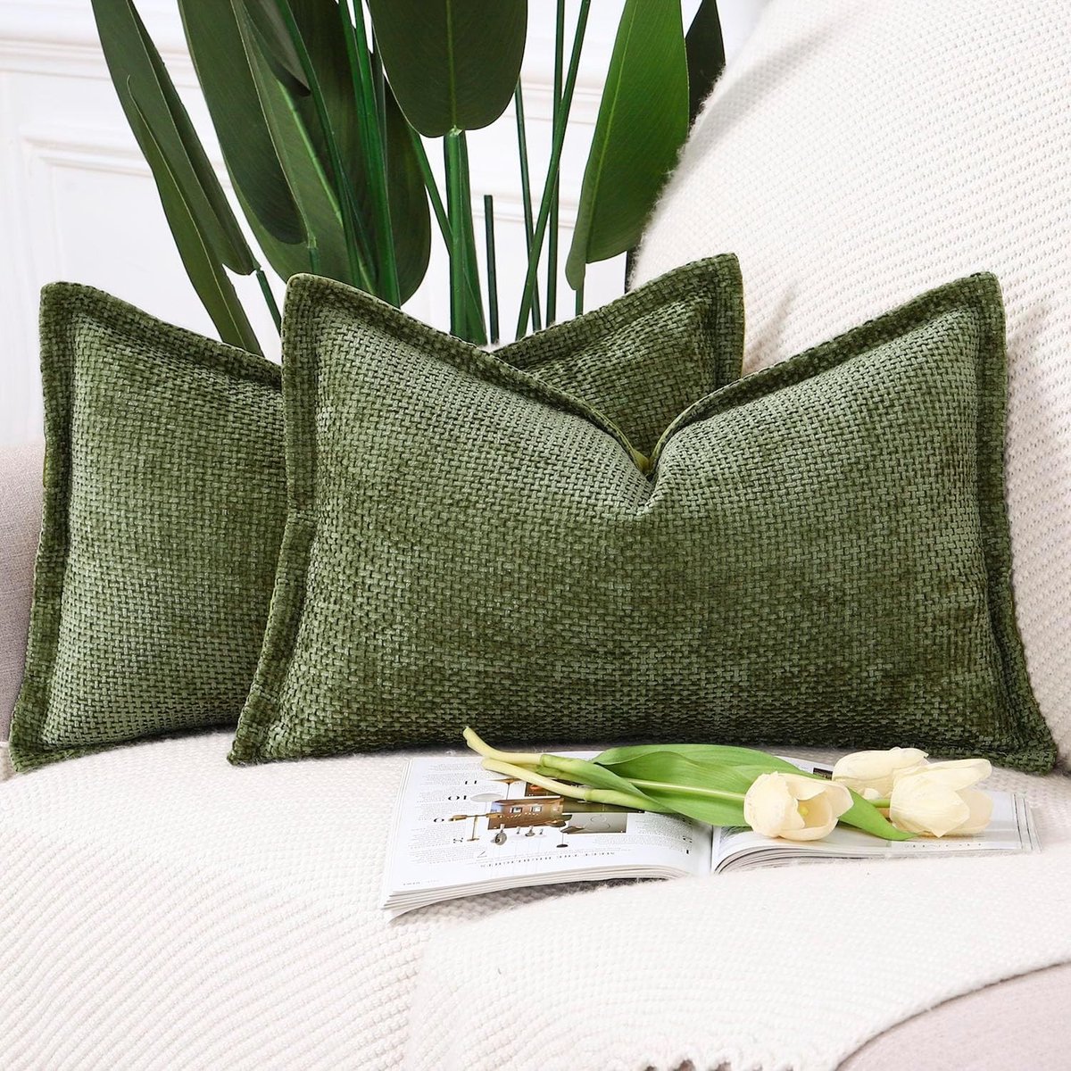 Set van 2 Zachte Korte Chenille Velvet Franje Kussenhoezen voor Sofa en Slaapkamer, 30x50cm, Mosgroen Decoratie