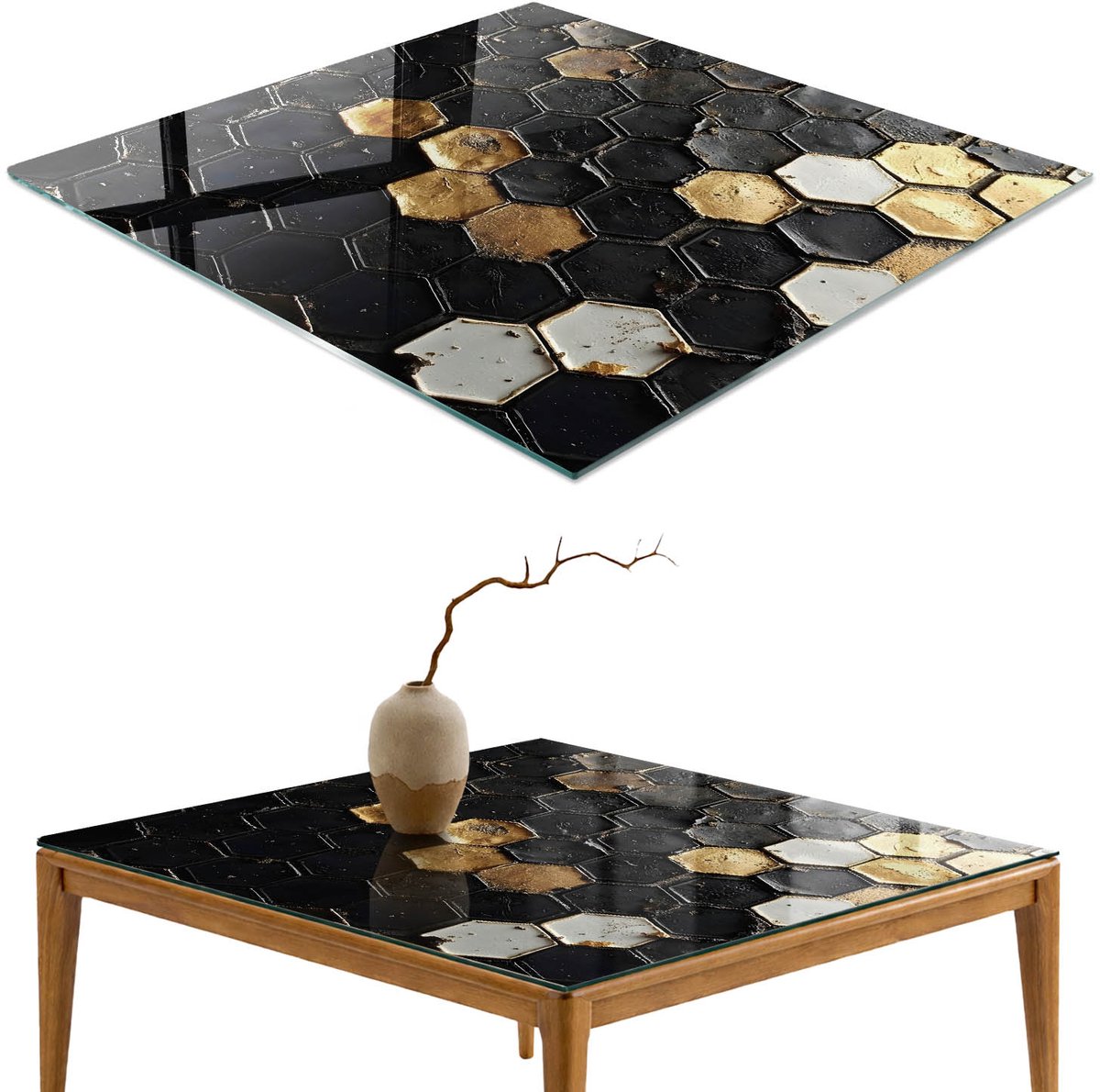 ArtPrintCave Geometrische mozaïek Glazen Tafelblad 60x60 cm - Tafelblad Rechthoek - Zwart Eettafel Met Glasplaat - Geometrie Glasplaat