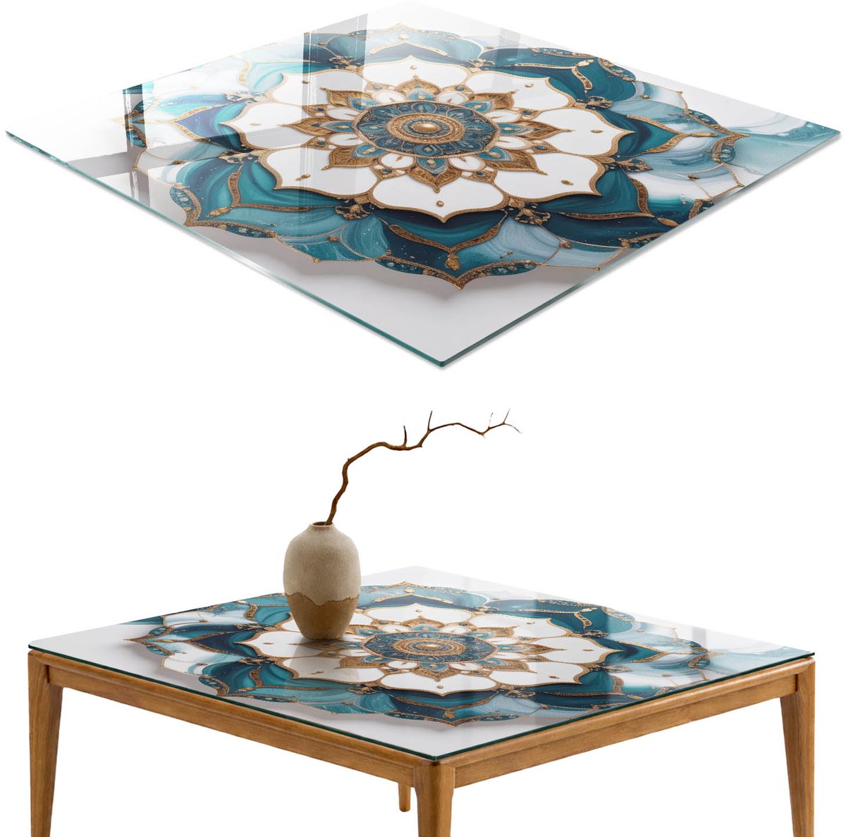 ArtPrintCave Mandala-elegantie Glazen Tafelblad - 50x50 cm - Tafelblad Vierkanten - Turkoois Tafelblad Glas - Abstractie Glazen Eettafel