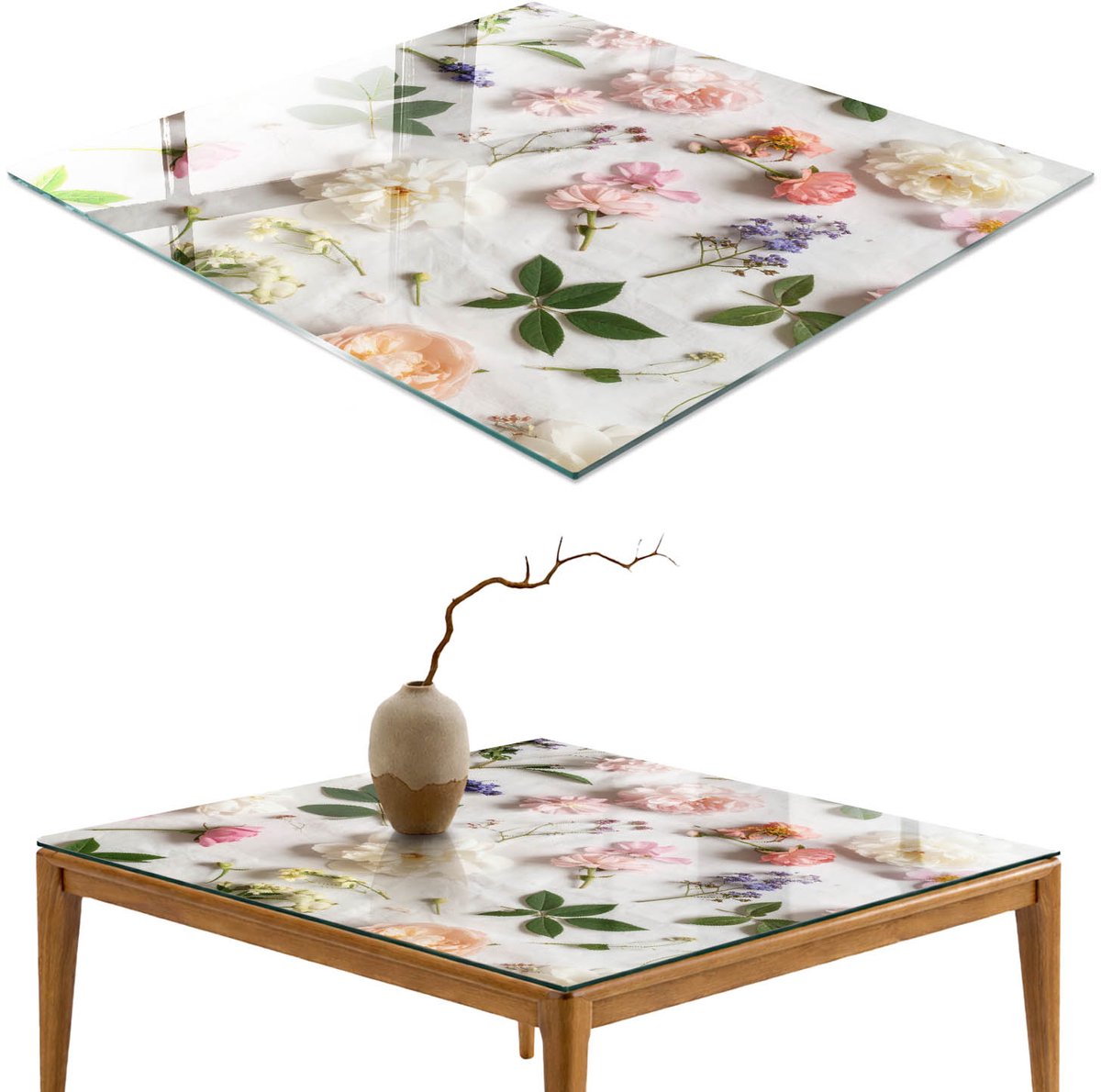 ArtPrintCave Bloemarrangement Glazen Tafelblad - 50x50 cm - Tafelblad Vierkanten - Wit Bureaublad - Bloemen en planten Bureaublad