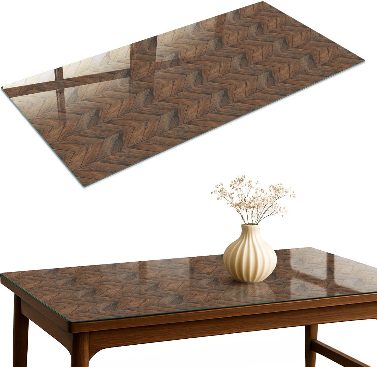 ArtPrintCave Visgraatparket Glazen Tafelblad 120x60 cm - Tafelblad Rechthoek - Bruin Keukentafel - Texturen Bureaublad