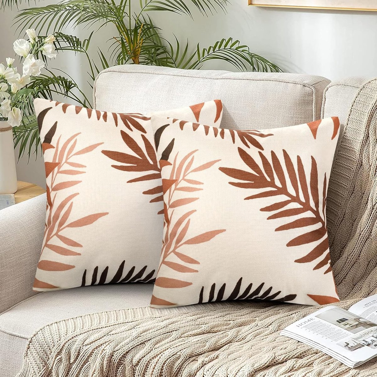 Decoratieve Kussenhoezen Set van 2, 40 x 40 cm, Polyester, Oranje Rode Bladpatroon, Herfststijl, Landhuisstijl, Voor Woonkamer en Tuin