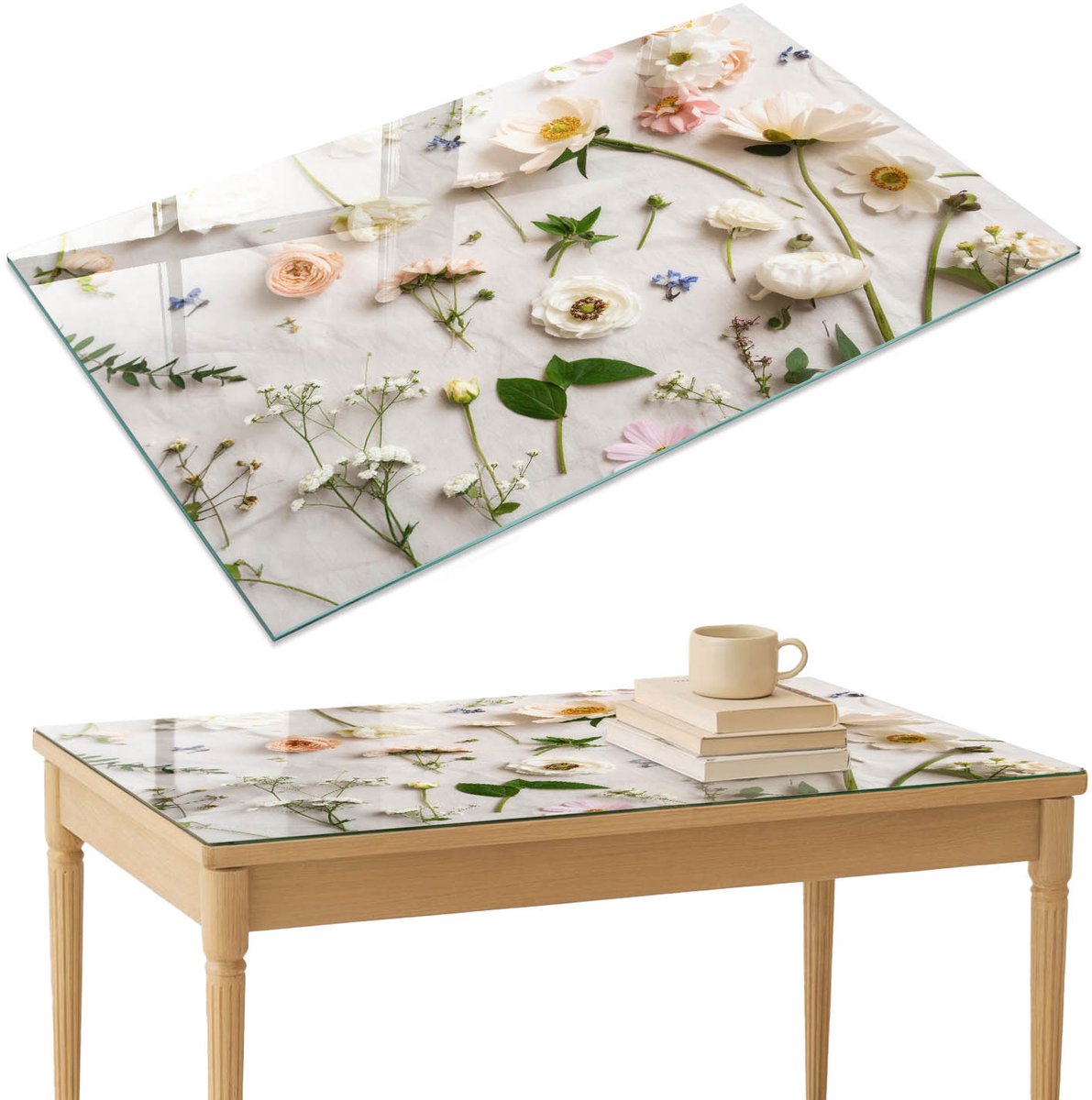 ArtPrintCave Bloemige elegantie Glazen Tafelblad 120x80 cm - Tafelblad Rechthoek - Wit Glazen Eettafel - Bloemen en planten Keukentafel