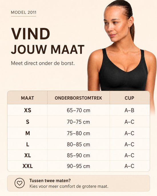 Model met zwarte naadloze beugel-bh en maattabel voor onderborstomtrek en cupmaat.