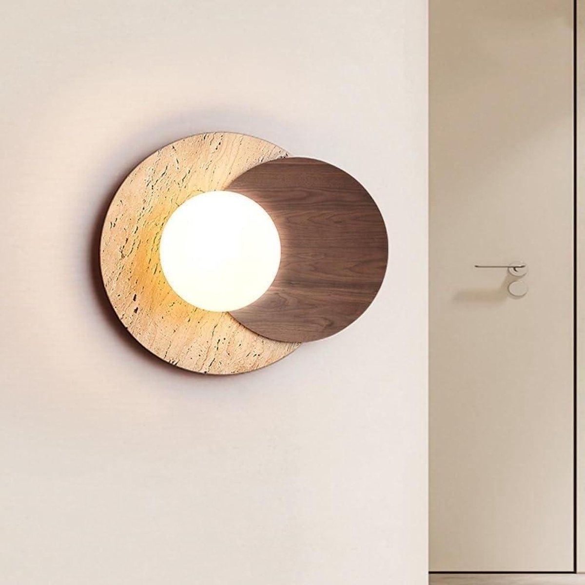 Wandlamp - Sfeerverlichting Muur - Huis Verlichten - Massief Hout Steen - 30x25 cm - Beige