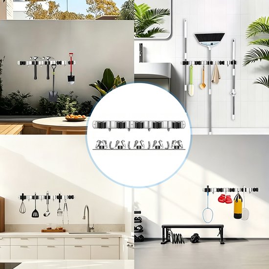 Wandrek voor gereedschap - 2-delige set - 5 clips, 4 haken - 43,2 cm - Hangende opbergplank - Geschikt voor tuingereedschap, bezems en andere benodigdheden - Inclusief montageschroeven - Roestvrij staal - Stevig en duurzaam - Zilver van Ruijingsky — afbeelding 3