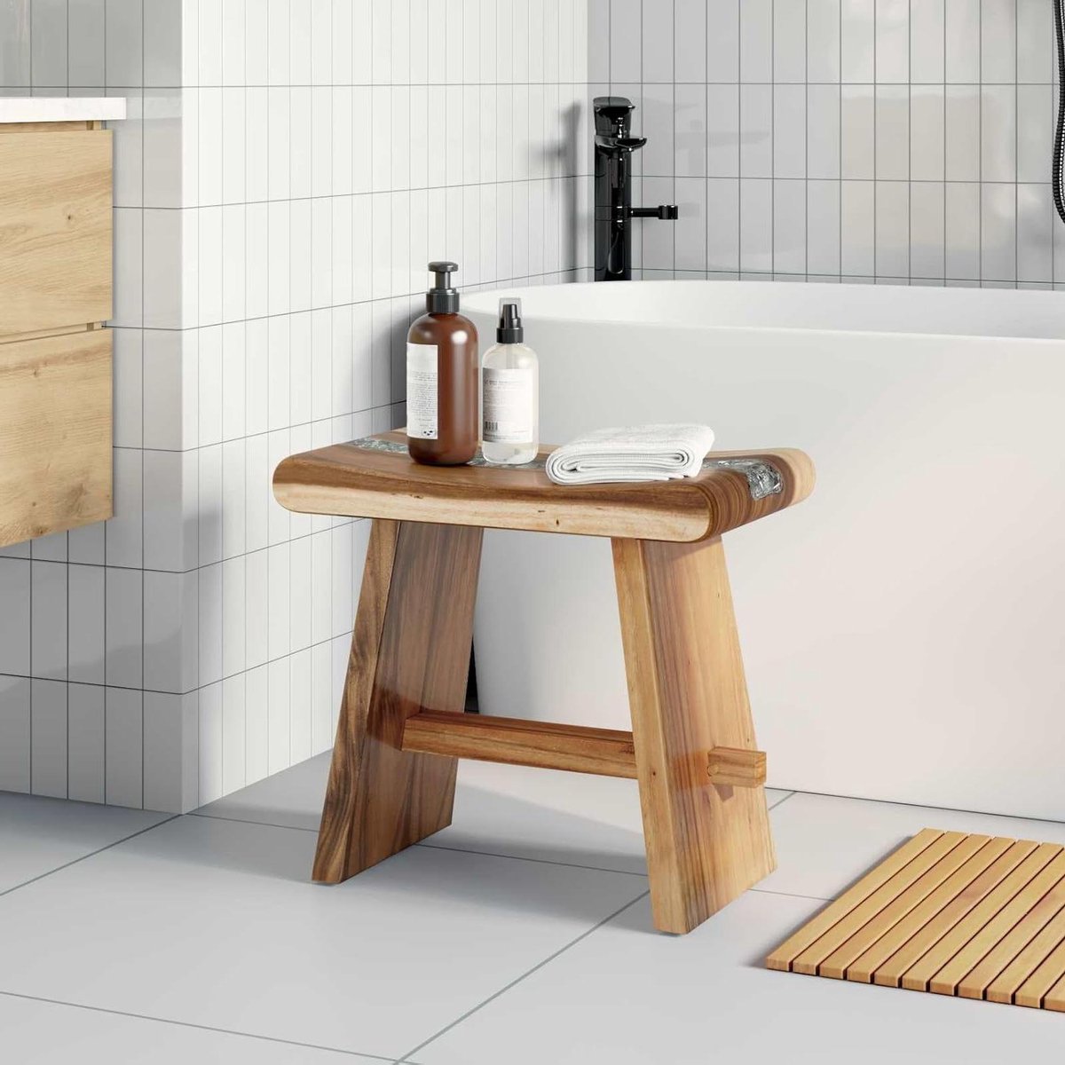 Douchekruk Hout - Badkamerkrukje Hars - Ontspannen Douchen - Handgemaakt Uniek Blad - 50 x 30 x 44 cm