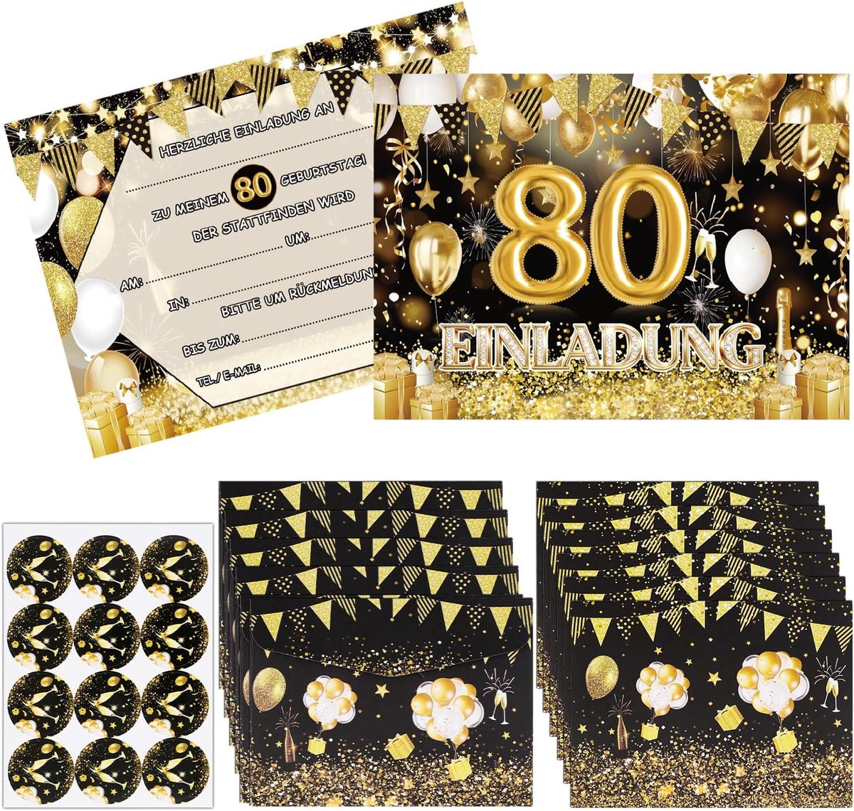 Uitnodigingskaarten 80e verjaardag - zwart goud - 12 kaarten, enveloppen en stickers - feestelijk ontwerp - ShopVlot