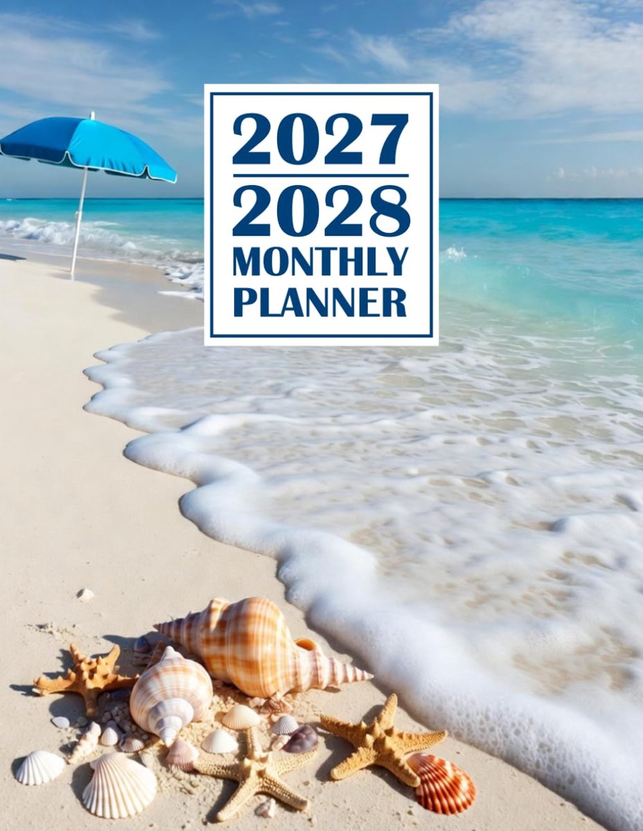 Maandplanner 2027-2028 - Groot formaat 8,5 x 11 - Strandthema met feestdagen - Organiseer je dagelijkse schema - ShopVlot