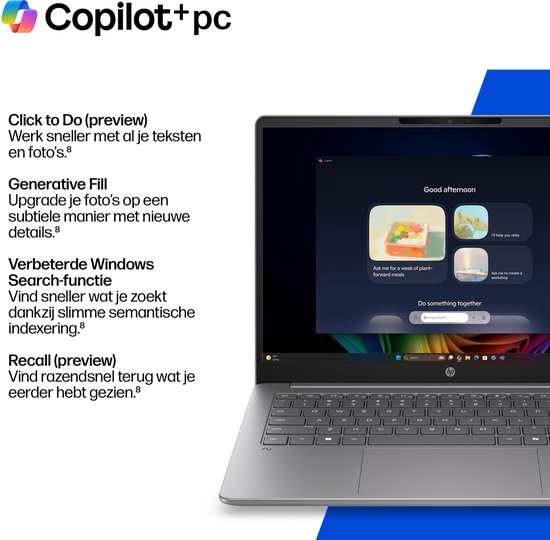 Copilot+ pc met een zilverkleurig HP laptop en tekst over functies.