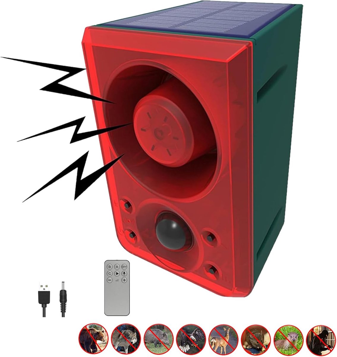 SnelShoppen - Solar Buiten Bewegingssensor Alarm - 130dB Geluidsgenerator met USB Stroboscooplicht - 3 Werkmodi voor Tuin, Boerderij en Eigendom Besch