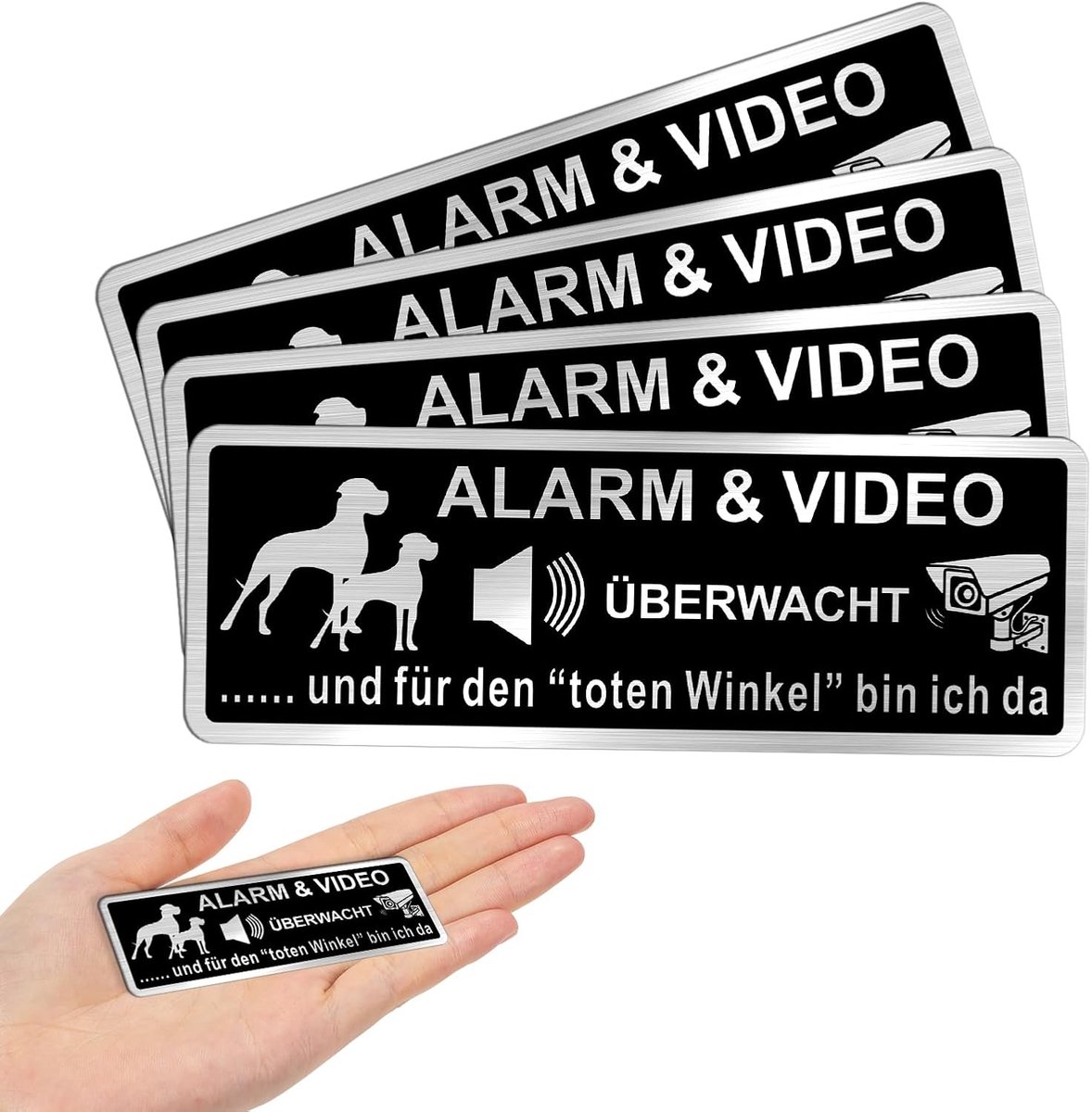 SnelShoppen - Video Bewakings- en Alarm Waarschuwingsstickers, Kleine, Grappige Hond Bordjes, Zelfklevend 85 x 30 mm, Geborsteld Aluminium, Zwart, Ver