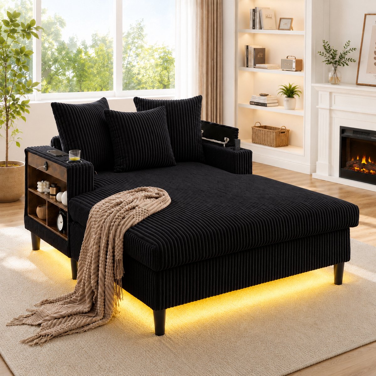 Lounge Fauteuil Met Chaise Longue - Zwarte Corduroy Relaxstoel Met LED, USB, Bekerhouder En Opbergruimte
