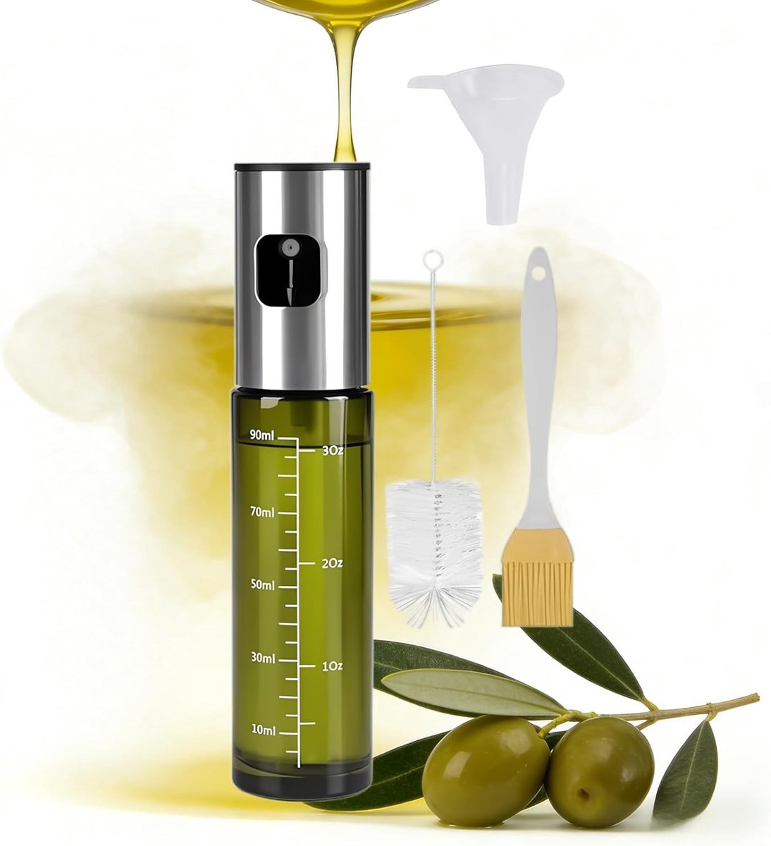 Oliesproeier voor spijsolie, 100 ml spijsoliesproeier, olijfoliesproeier voor salade, grillen, bakken in de keuken, uv-bescherming, spuitfles, Ö (1, groene fles)