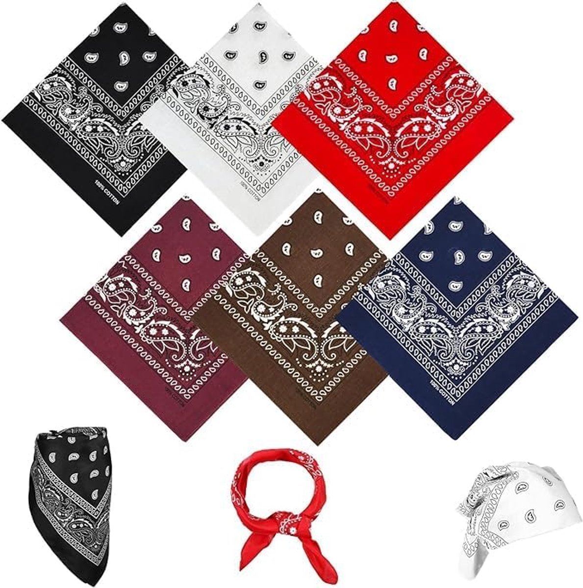 Set van 6 bandana's met paisley-patroon, 55 cm, uniseks hoofddoeken & cowboydoeken voor dames en heren