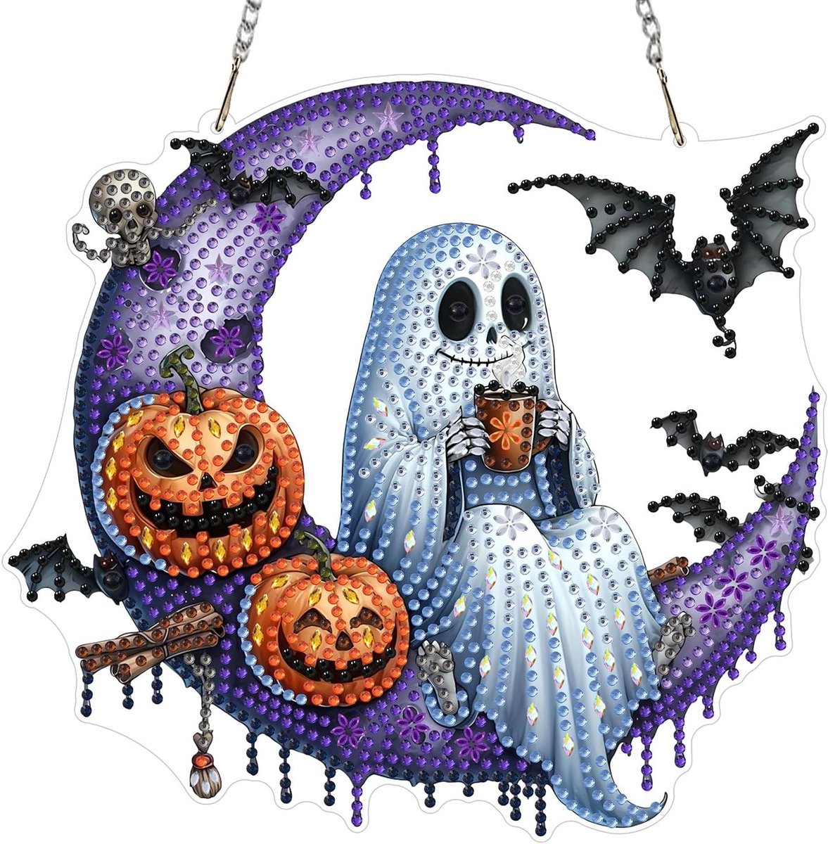 Halloween hanger Diamond Painting Phantom hanger diamantschilderij volwassenen met ketting, maan diamond art ornamenten voor huis deuren ramen cadeau 20 x 20 cm
