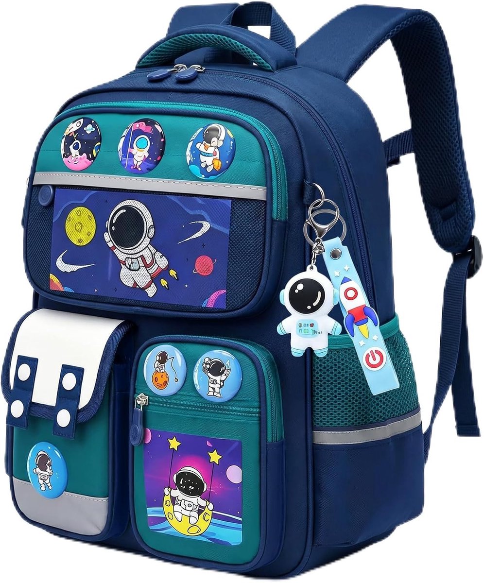 Schoolrugzak jongens 2-5e klas - kinderrugzak schooltas jongens, waterafstotend met reflectoren | ergonomische schooltas voor jongens voor school & reizen, blauw-groen, Rugzak