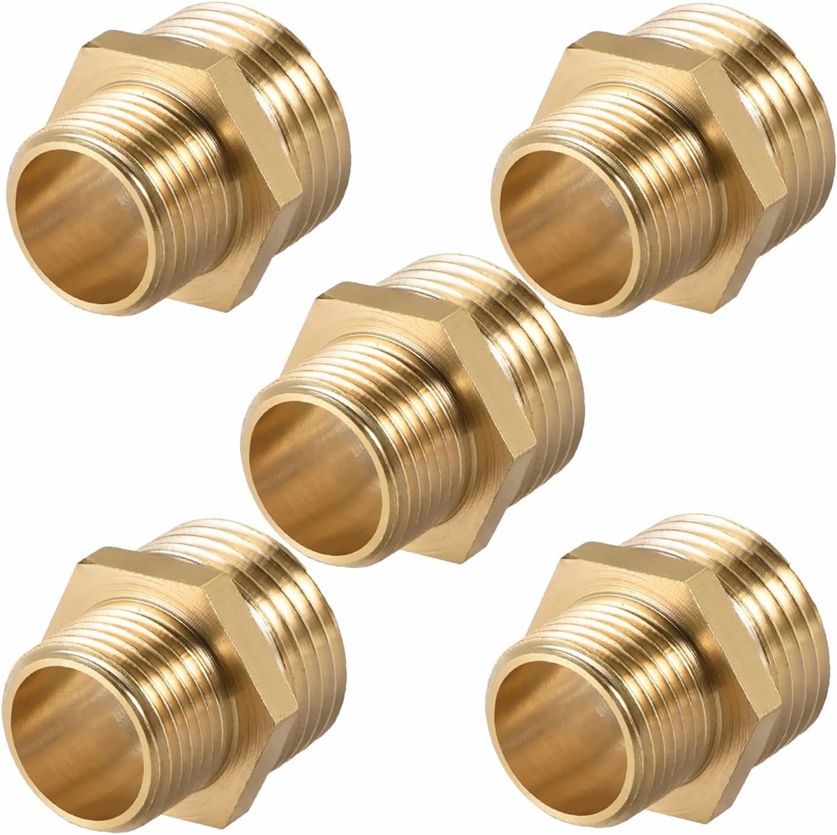 nippel gereduceerd messing 1/2 tot 3/8 inch, 5 stuks verloopnippel met zeskant, dubbelzijdige buitendraad 1/2 x 3/8 inch, schroefdraadfitting geschikt voor drinkwater