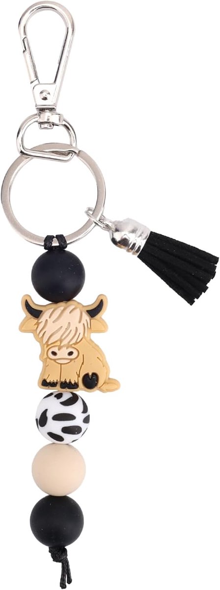 Sleutelhanger met Kralen en Kwastje, Siliconen Sleutelhanger met Dierenmotief Schattige Hooglander als Bedankje voor Vrouwen Mannen Auto en Tasdecoratie (Zwart)