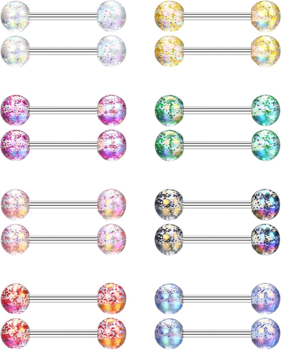 16 stuks 14G tongstaven chirurgisch staal tongstaafpiercing hypoallergeen metalen tongstang 12/14 mm tepelstaafjes tepelpiercing sieraden 16/18 mm lange halterpiercing sieraden voor dames en