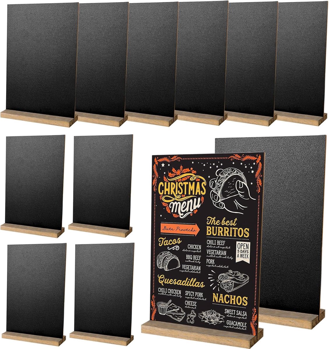 Set van 12 mini-tafelborden met houten sokkel (15 x 22 cm), klein dubbelzijdig uitwisbaar schoolbord, elegante decoratie voor bruiloft, dressoir, restaurantmenu en feestborden