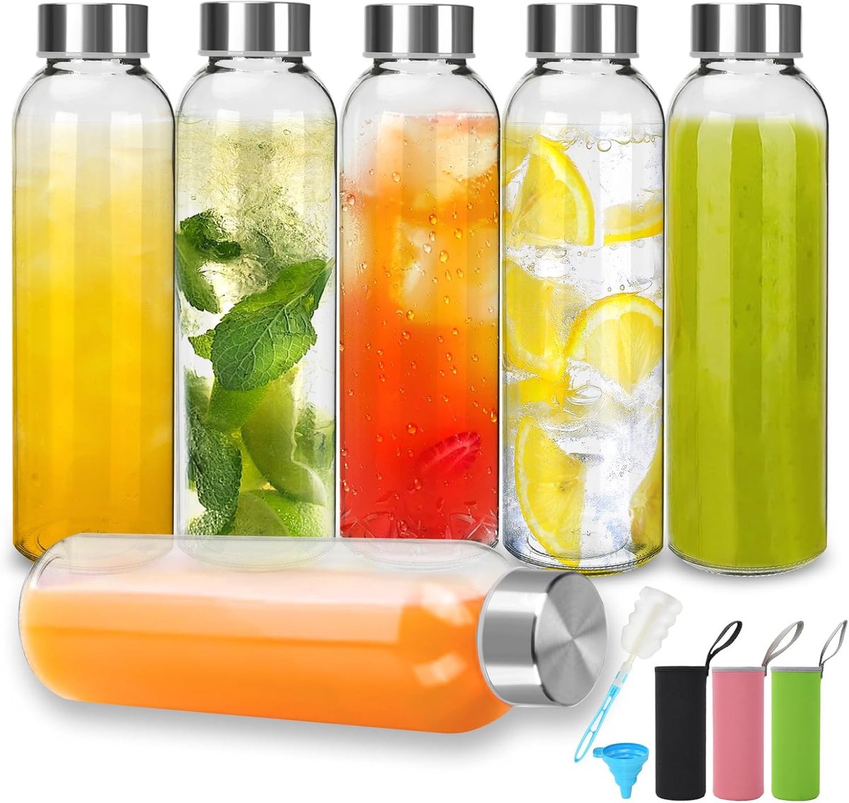 Flessen Van 500 Ml Met Deksel - 6 Stuks Lege Glazen Waterfles, Luchtdicht, Lekvrij, Roestvrijstalen Deksels - Water, Smoothies,Glazen Sapflessen Met Luchtdichte