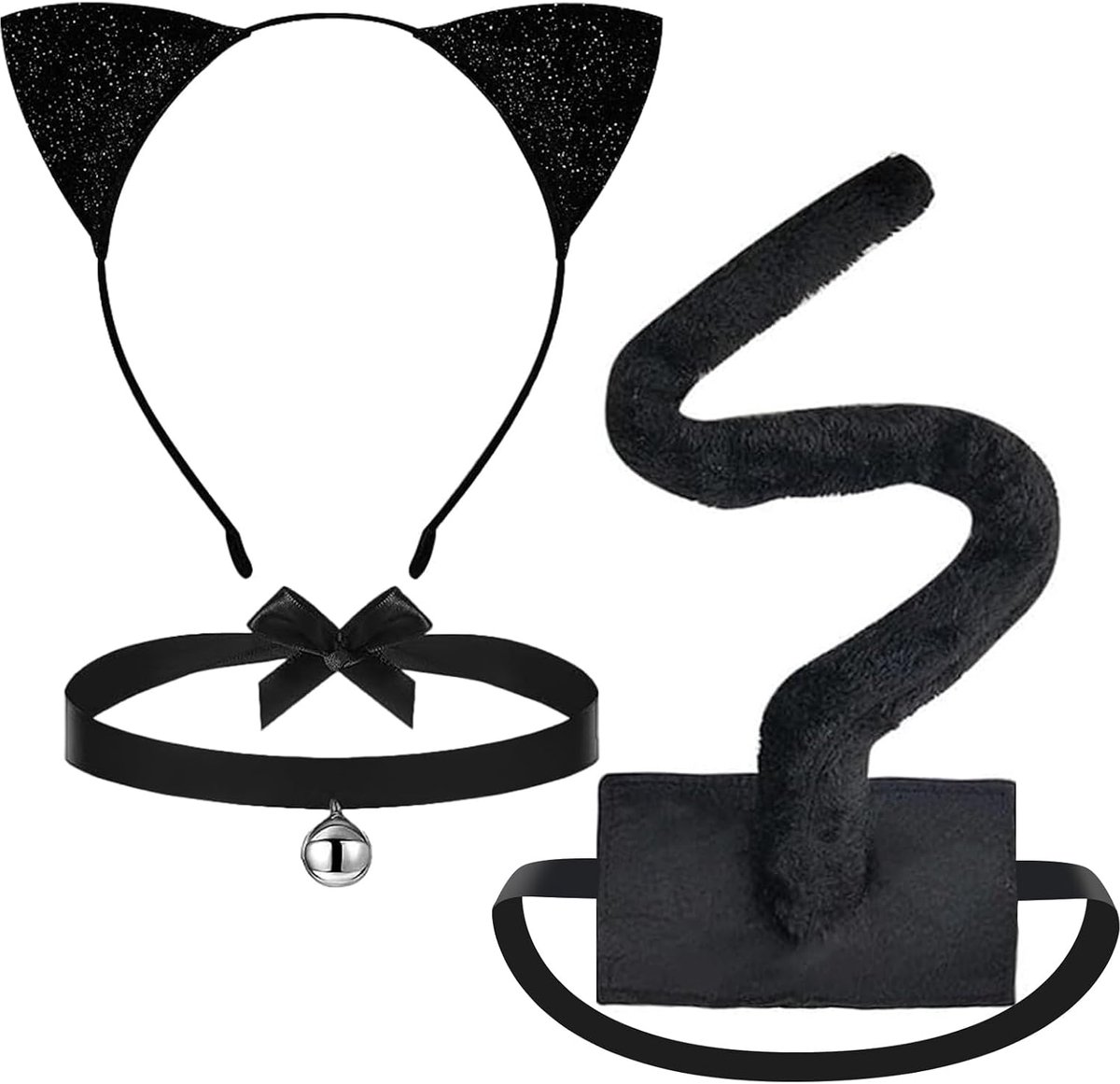 Set van 3 kattenoren, haarband, kattenstaart en belletjes, halsband, zwart, catwoman kostuum voor dames, kattenkostuum kinderen, cosplay-accessoires voor Halloween en carnaval