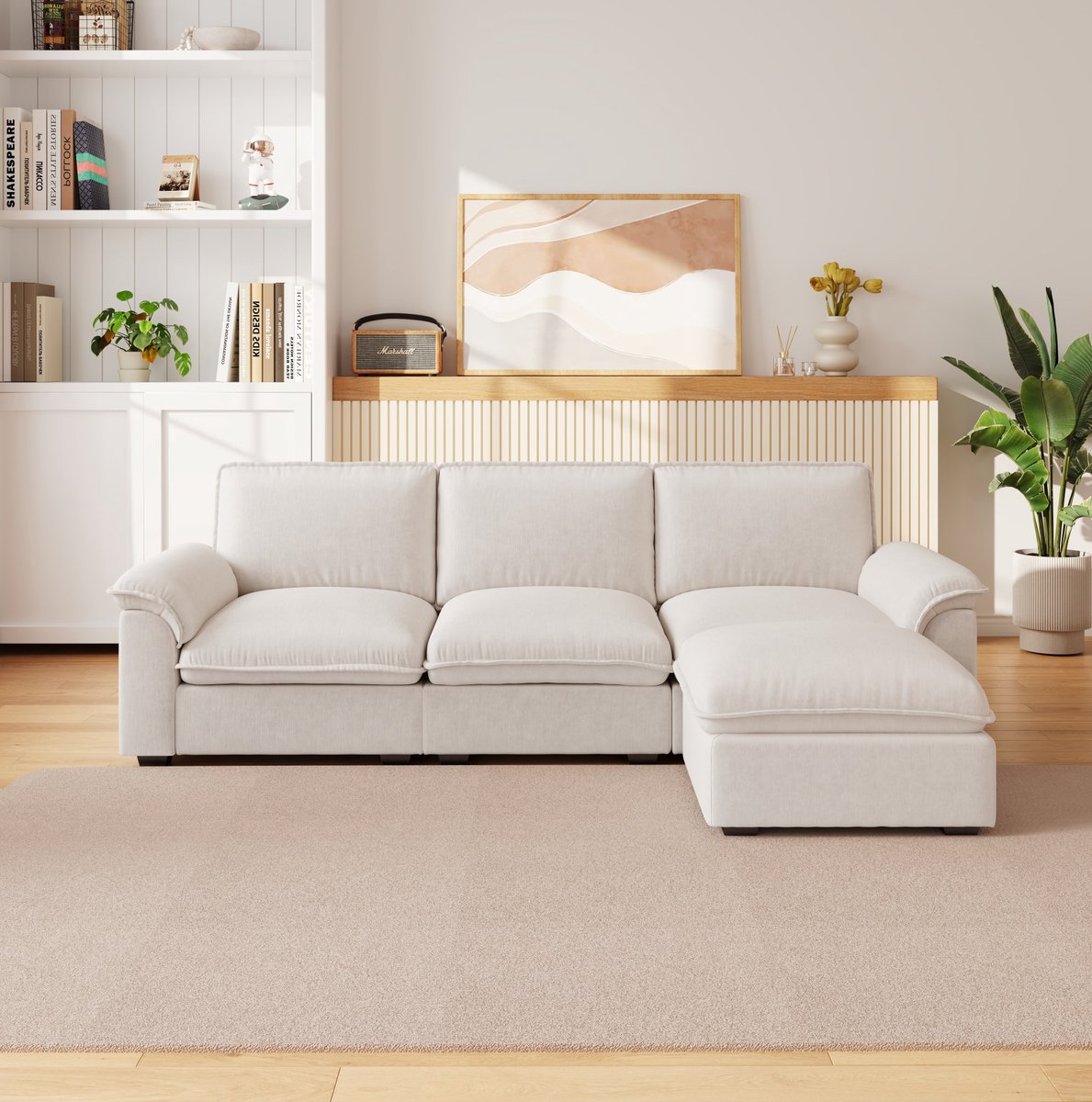 MEUNIQ hoekbank 260 x 154 x 86 cm, modulair met ottomane, 4-zits, chenille, 3 rugkussens en 2 armkussens, moderne bank voor woonkamer, beige