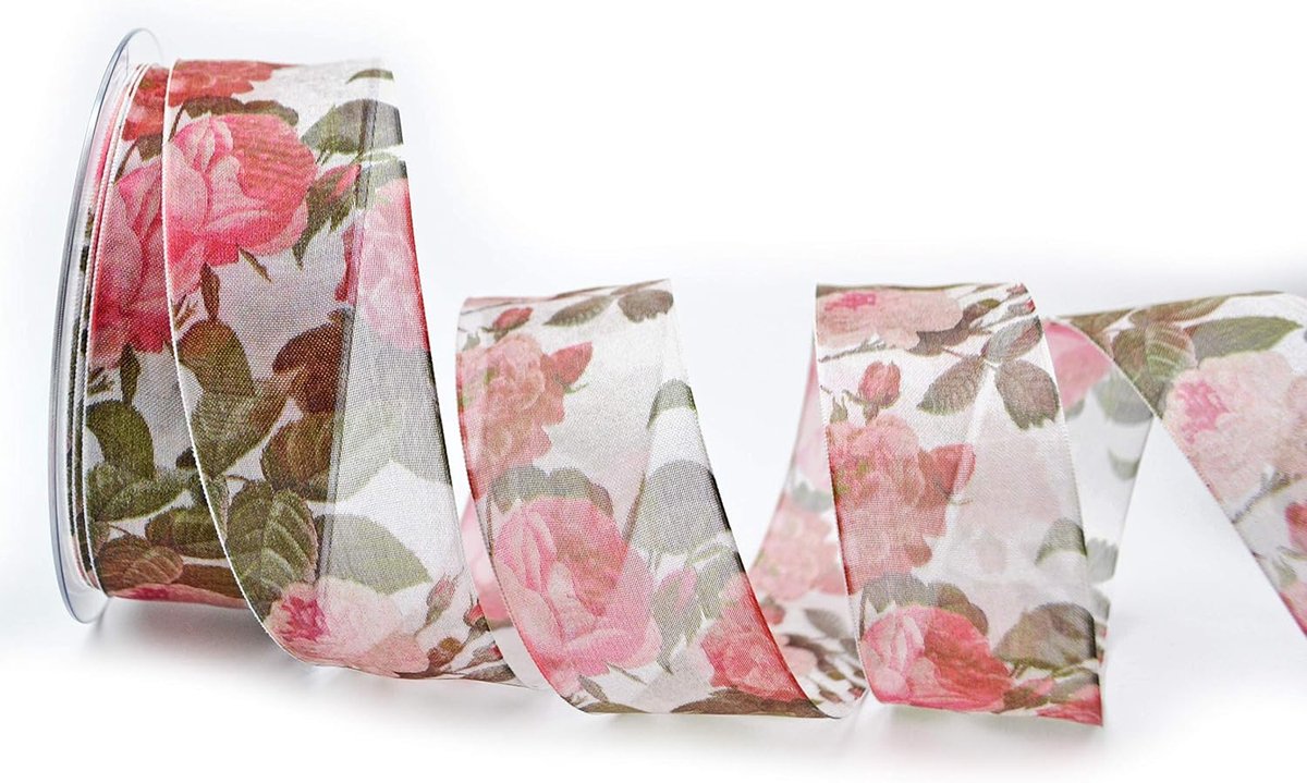 Decoratielint Italiaans roos 40 mm rozen transparant cadeaulint lint chiffon met draad tijdloos Alta Moda bloemen 20 m x 40 mm (Rolle) wit