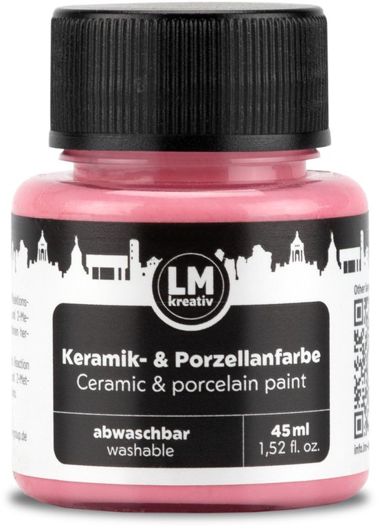 Flesje roze LM Kreativ keramiek- en porseleinverf, 45 ml, met een zwart deksel en een etiket met een stadsgezicht en productinformatie.