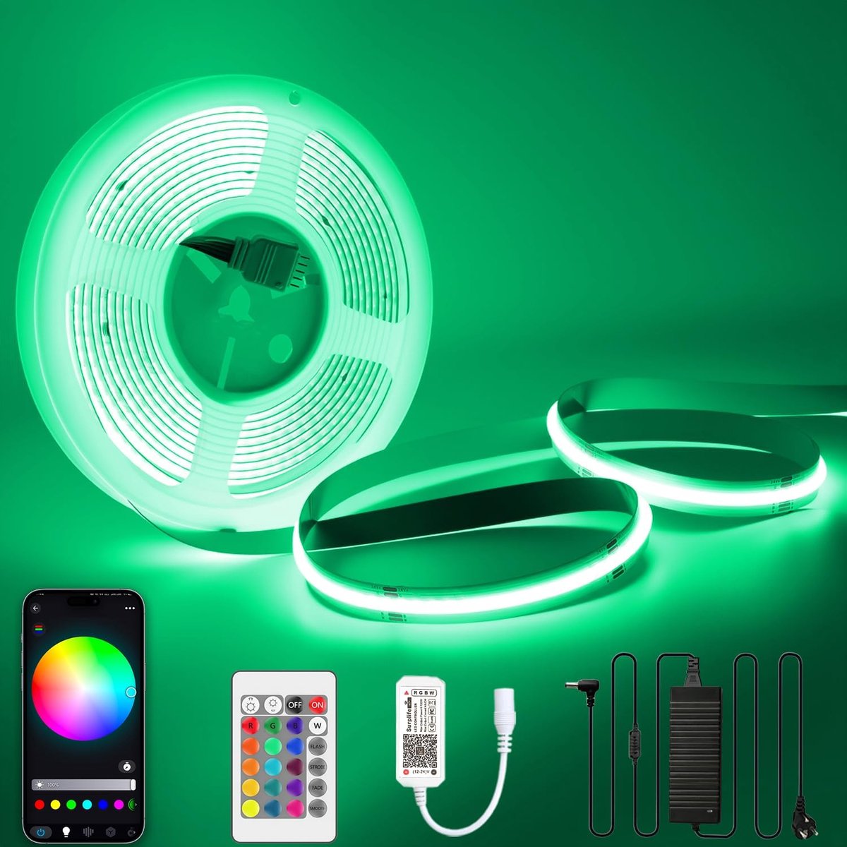 pen 24V COB LED-strip 10M RGBW dimbaar met afstandsbediening en voeding COB LED-strip RGB+warm wit 3000K LED-band, APP-bestuurbaar, compatibel met Alexa Google Home