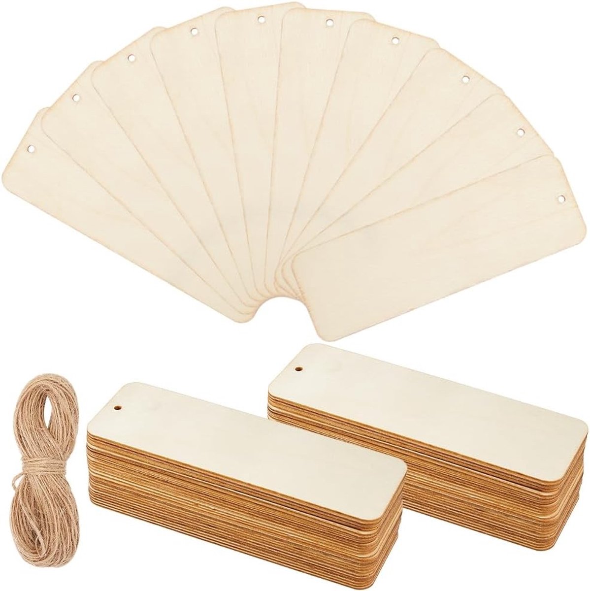 SnelShoppen - 50 Stuks Grote Houten Boekenleggers Blanko 15x5cm - Ongefinished Houten Cadeautags met 12m Touw - DIY Boekenlegger Maak Kits voor Schild
