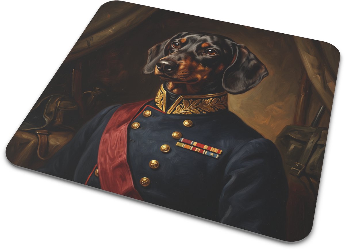 Muismat Teckel Generaal Renaissance Portret Olieverf Kunst Hond in Militair Uniform met Linten Grappig Cadeau Hondenliefhebber Bureau Decoratie