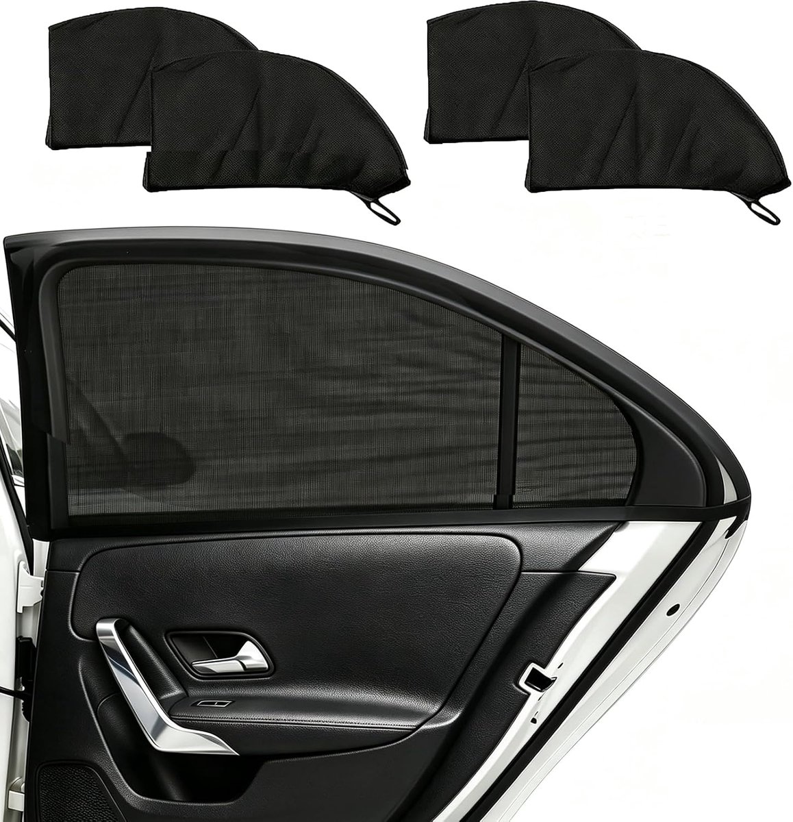 Bobypet - Autozonnescherm en Raamhor Auto Set van 4 - Anti Muggennet en UV Bescherming voor Autoraam - Elastisch en Ademend Gaas - Universeel voor SUV en Personenauto - Zwart