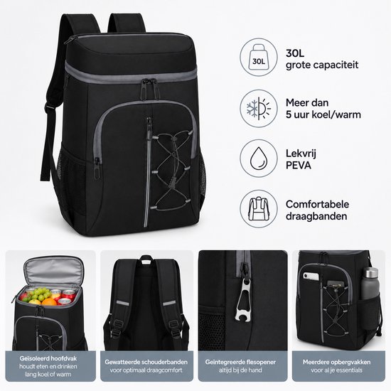 Bobypet - Koelrugzak 30 Liter - Geïsoleerde Picknick Rugzak met Flesopener - Lekvrije en Waterdichte Koeltas - Thermische Rugzak voor Werk, Strand, Camping & BBQ - Voor Heren & Dames - Zwart van Bobypet — afbeelding 4