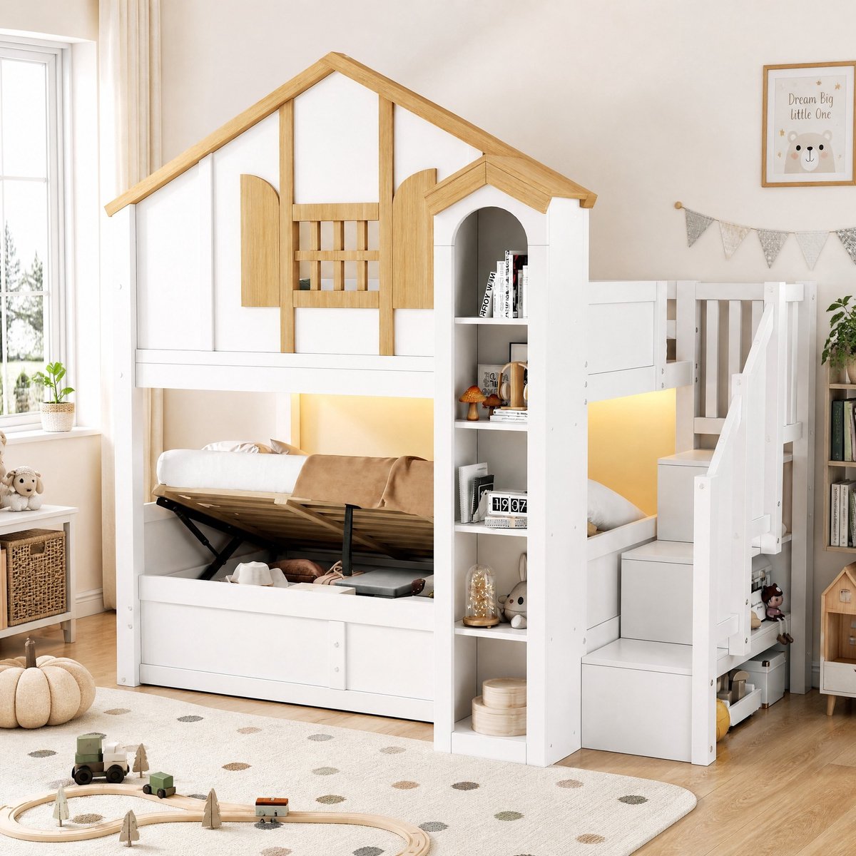 MIVRAY Stapelbed 90x200 cm - Kinderbed Met LED En Opbergtreden - Met Opbergruimte En Ladder - Voor Kinderkamer - Hout En MDF - Wit
