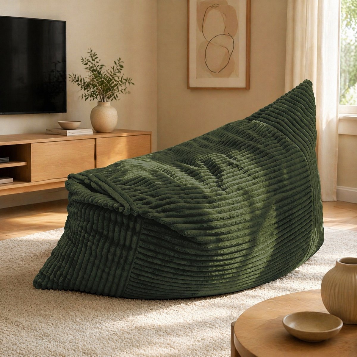 COVREO Bean bag chair 180x125 cm groen, ribstof met traagschuim