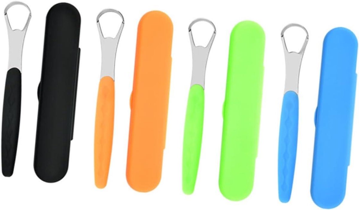 Tongreiniger Set - Tongschraper Mondverzorging - Slechte Adem Bestrijden - Roestvrij Staal - 15 cm Opbergdoos - Blauw Groen Oranje Zwart