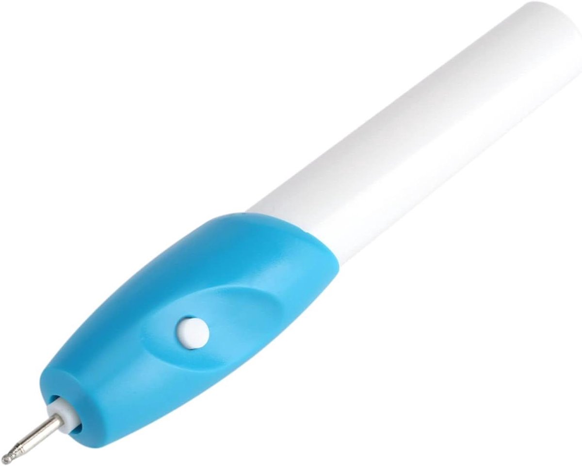 Mini Elektrische Graveerpen - Handgraveerder Personaliseerpen - Objecten Personaliseren - Draagbaar Werkt Op Batterijen - 17.5 cm - Blauw Wit