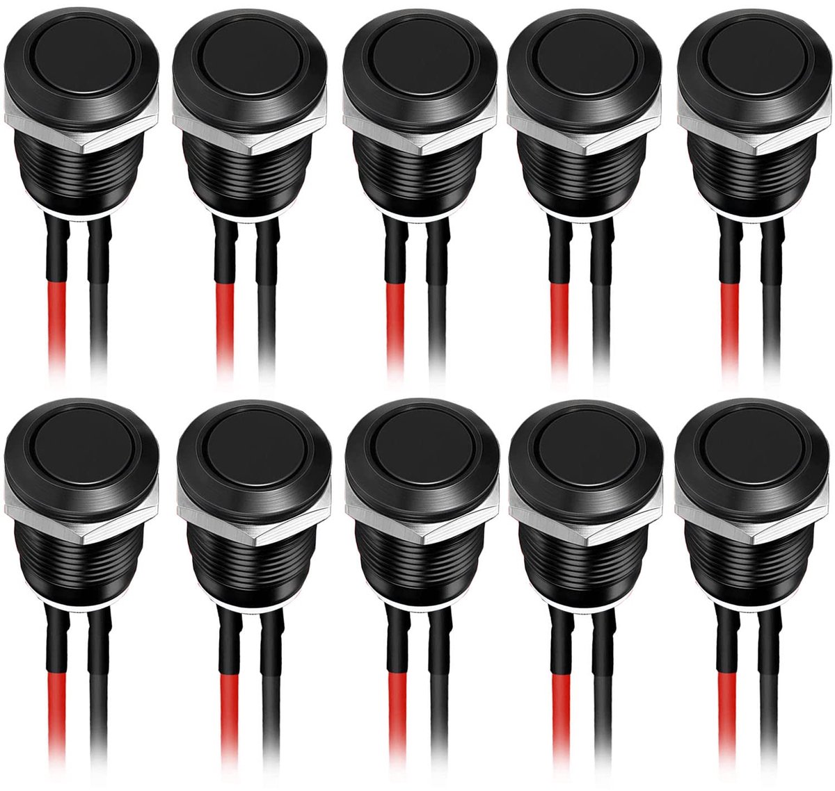 10 stuks 12mm schakelaar, waterdicht, metalen drukknop, roestvrij staal, 12V momentane schakelaar, voor toeter, bel, auto ronde mini drukknop (platkop) zwart