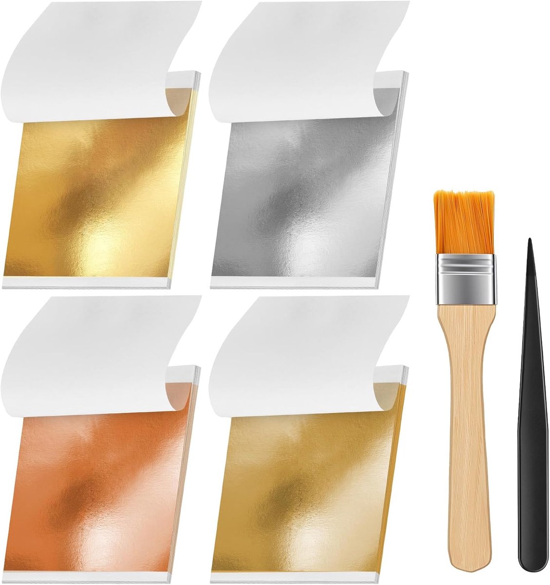 200 Vellen imitatie-gouden blad met Penseel en Pincet (8x8.5 cm), 4 kleuren bladgoud papier, Multifunctioneel Bladgoud voor Nageldecoratie, Fotolijsten, Kunst & DIY, Interieur