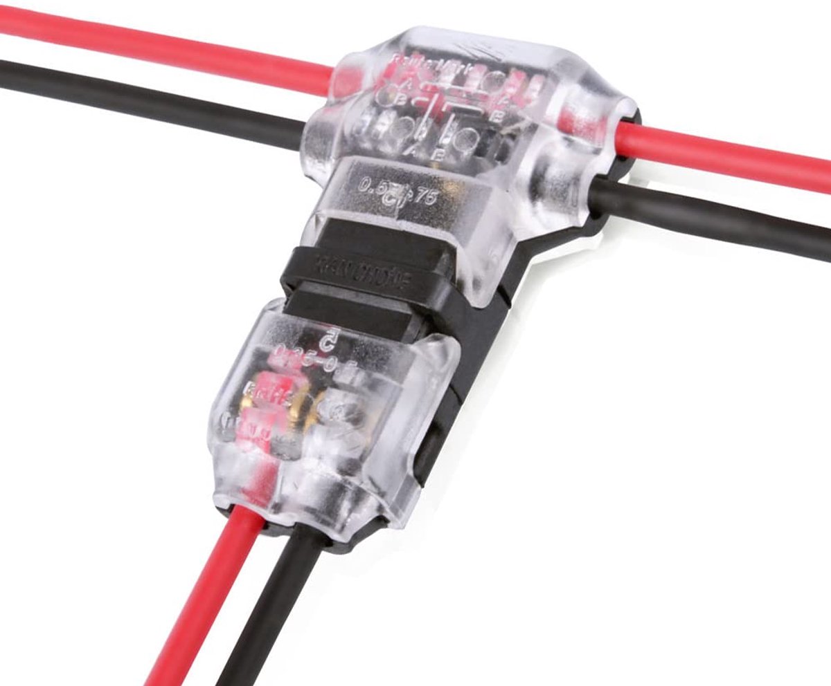 10 stuks kabelconnectoren, draadconnectoren, 2-pins laagspanning, T-kraan, 3-wegs, snelsplit, geen solderen zonder strippen, compatibel met 18-24 AWG-kabel