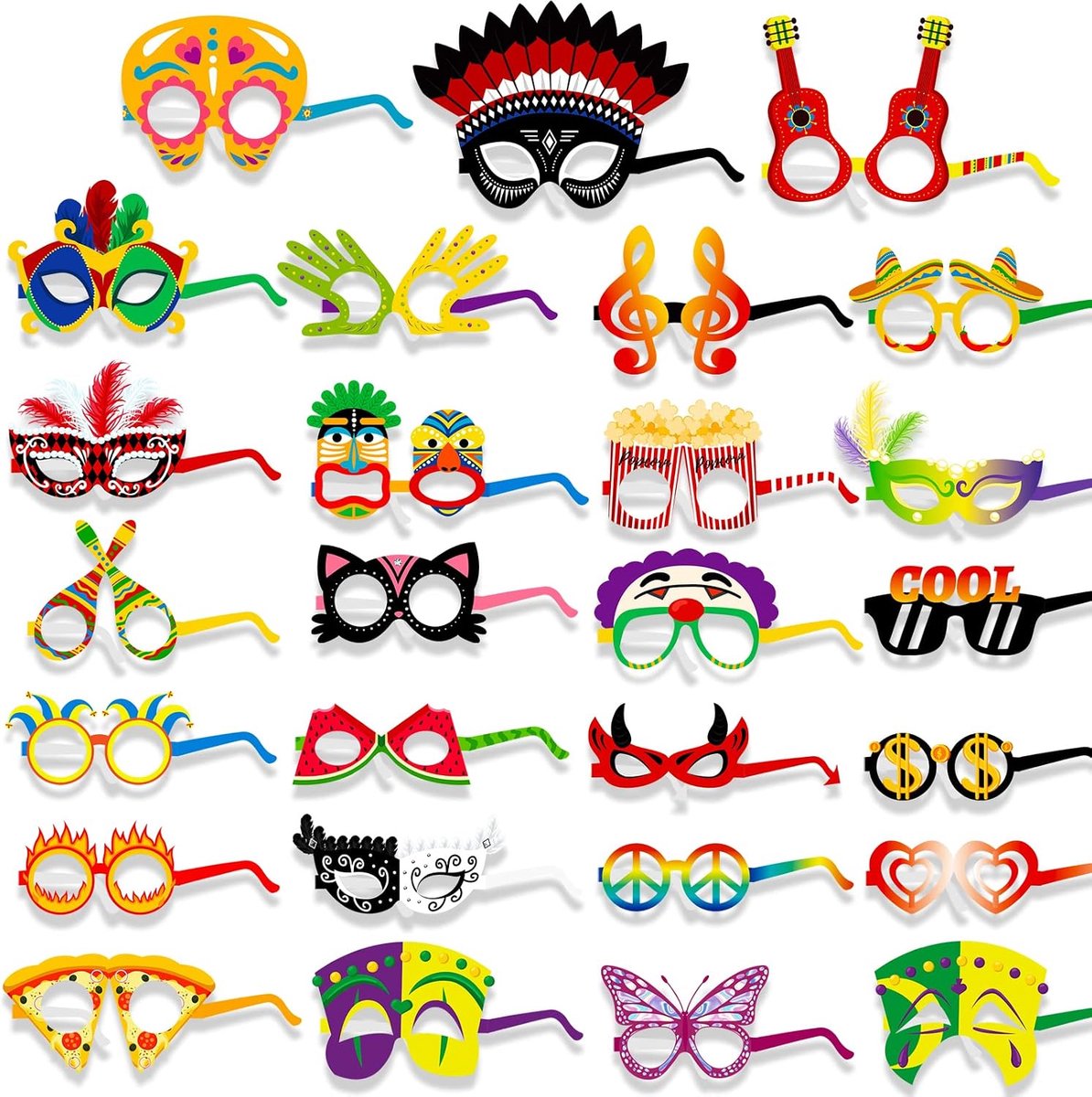 27 stuks grappige carnavalsfeestbrillen, masker, papieren leuke bril