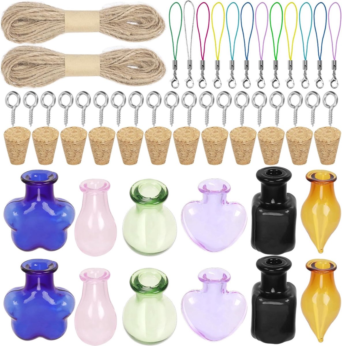 49 stuks 6 stijlen mini glazen flessen met kurkstops, oogschroeven, touw en kreeft klauwsluitingen assortimentskit, mini glazen potten, kurkstopflessen voor doe-het-zelf ambachten
