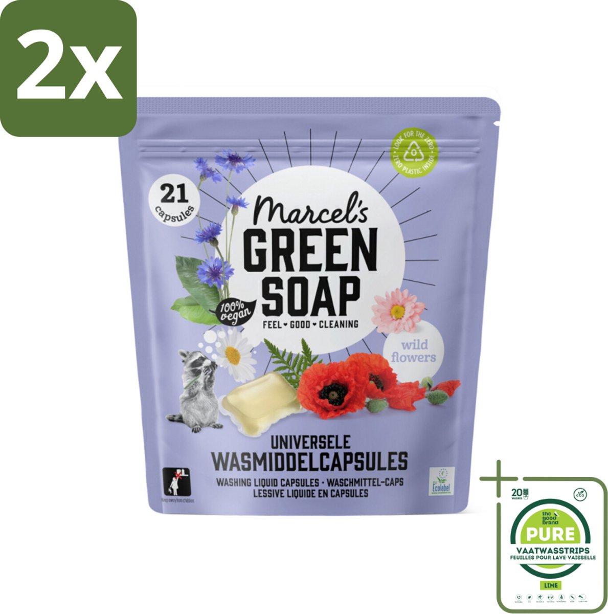 Marcel's Green Soap - Wascapsules - Wilde Bloemen - Gemak in één dosis - 21 Capsules - Voordeelverpakking - 2 stuks - Wascapsules - Biologische was