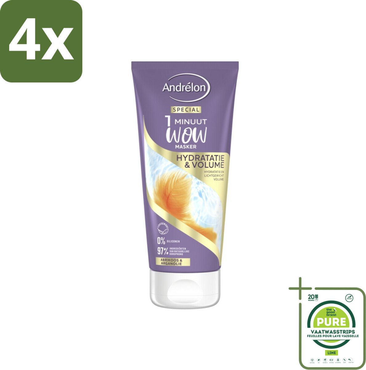 Andrélon - WOW - 1 Minuut Masker - Hydratatie & Volume - 180 ml - Voordeelverpakking - 4 stuks - Haar masker - Hydraterend masker