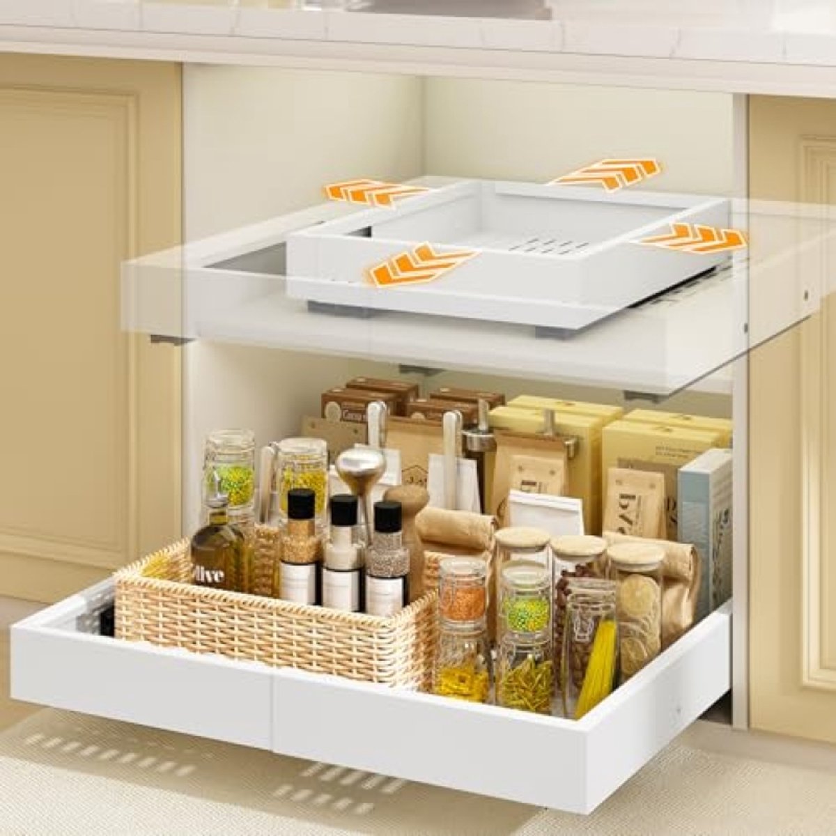 Huis Geluk 2 Stuks 4 Richtingen Telescooplade, Uitschuifbare Lade Keuken, Metalen Kastlade-Organizer, Breedte 32–53 cm & Diepte 41,5–61 cm, Plakband/Schroefmontage, Wit